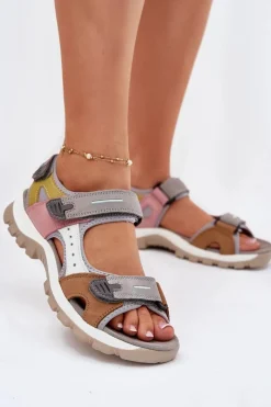 Hot Skórzane Sportowe Sandały Damskie 54C1293 Multikolor Damskie Sandały Płaskie