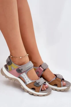 Hot Skórzane Sportowe Sandały Damskie 54C1293 Multikolor Damskie Sandały Płaskie