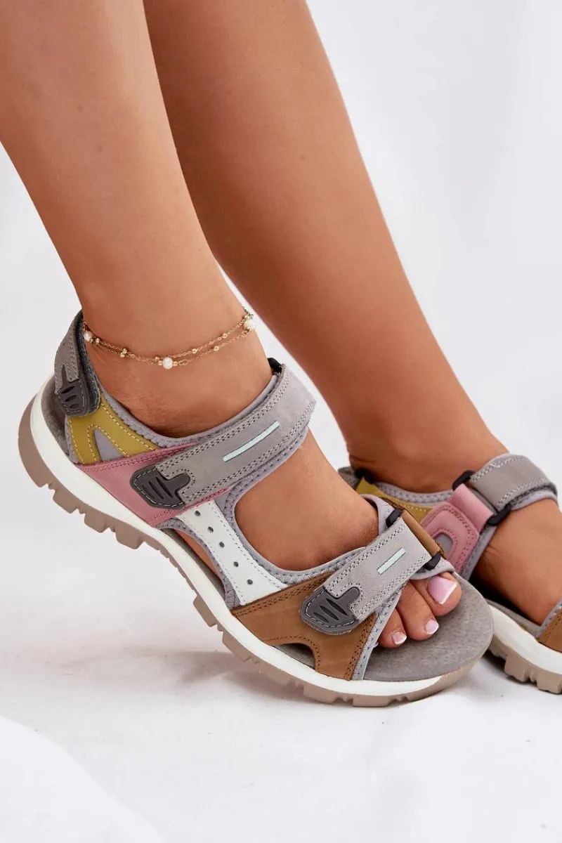 Hot Skórzane Sportowe Sandały Damskie 54C1293 Multikolor Damskie Sandały Płaskie