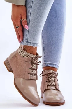 Maciejka Skórzane Sznurowane Botki 05953-04 Beżowe
