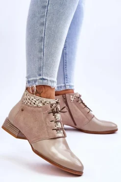 Maciejka Skórzane Sznurowane Botki 05953-04 Beżowe
