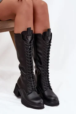 Kozaki Ocieplane|Kozaki Przed Kolano></noscript>Buty damskie Vinceza Skórzane Sznurowane Kozaki Na Klocku Ocieplane Vinceza 66804 Czarne