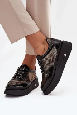 New Artiker Skórzane Sznurowane Półbuty Damskie Na Platformie 57C2042 Czarno-Złote Czarny