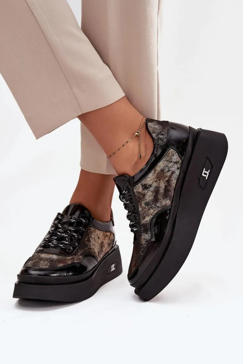 New Artiker Skórzane Sznurowane Półbuty Damskie Na Platformie 57C2042 Czarno-Złote Czarny
