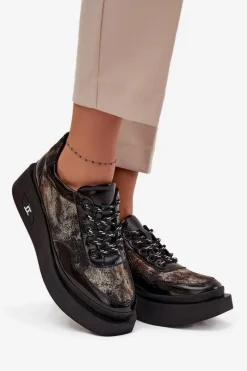 New Artiker Skórzane Sznurowane Półbuty Damskie Na Platformie 57C2042 Czarno-Złote Czarny
