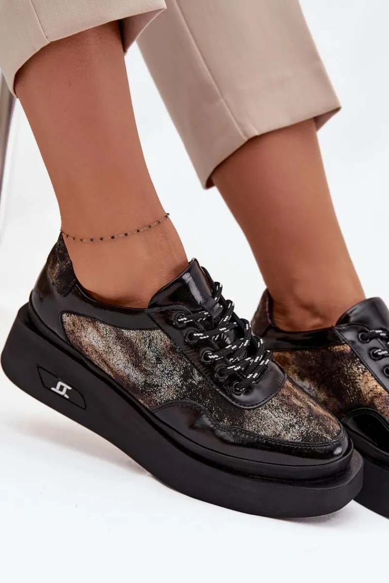 New Artiker Skórzane Sznurowane Półbuty Damskie Na Platformie 57C2042 Czarno-Złote Czarny