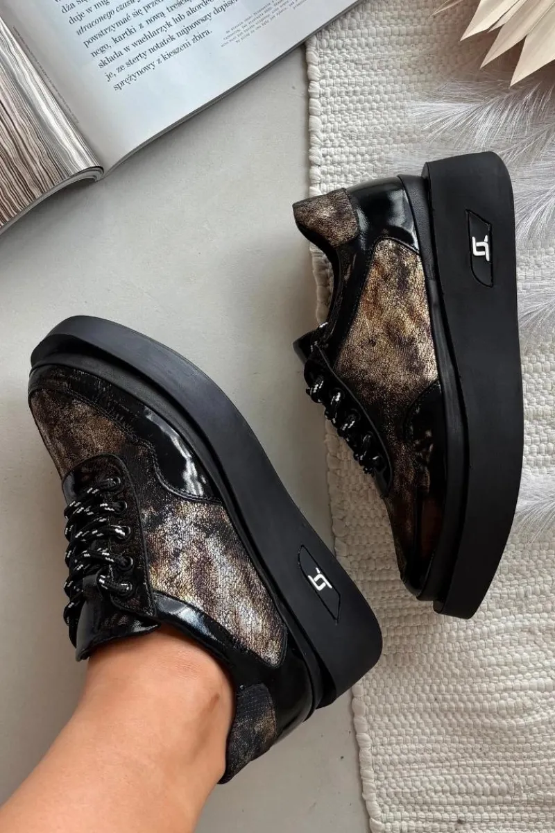 New Artiker Skórzane Sznurowane Półbuty Damskie Na Platformie 57C2042 Czarno-Złote Czarny