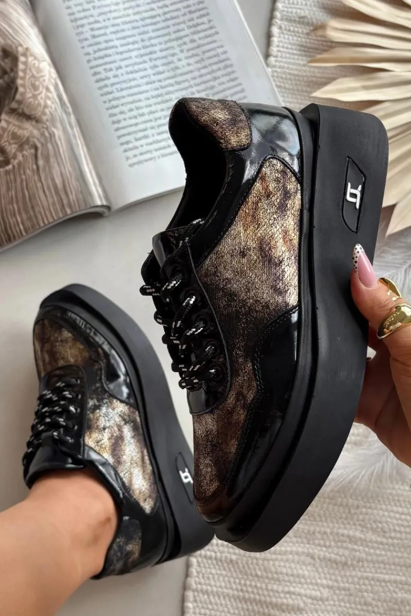 New Artiker Skórzane Sznurowane Półbuty Damskie Na Platformie 57C2042 Czarno-Złote Czarny