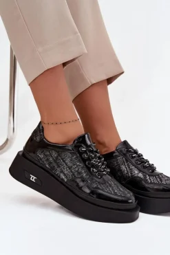 Buty Sportowe Na Platformie|Półbuty Skórzane>Artiker Skórzane Sznurowane Półbuty Damskie Na Platformie 57C2043 Czarno-Srebrne Czarny