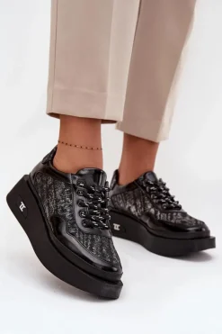Buty Sportowe Na Platformie|Półbuty Skórzane>Artiker Skórzane Sznurowane Półbuty Damskie Na Platformie 57C2043 Czarno-Srebrne Czarny