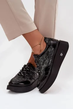 Buty Sportowe Na Platformie|Półbuty Skórzane></noscript>Artiker Skórzane Sznurowane Półbuty Damskie Na Platformie 57C2043 Czarno-Srebrne Czarny