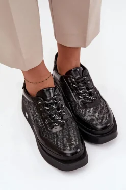 Buty Sportowe Na Platformie|Półbuty Skórzane></noscript>Artiker Skórzane Sznurowane Półbuty Damskie Na Platformie 57C2043 Czarno-Srebrne Czarny
