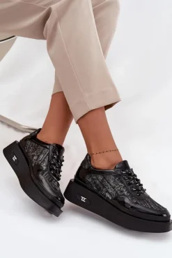 Buty Sportowe Na Platformie|Półbuty Skórzane></noscript>Artiker Skórzane Sznurowane Półbuty Damskie Na Platformie 57C2043 Czarno-Srebrne Czarny