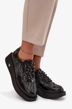 Buty Sportowe Na Platformie|Półbuty Skórzane></noscript>Artiker Skórzane Sznurowane Półbuty Damskie Na Platformie 57C2043 Czarno-Srebrne Czarny