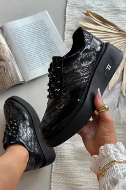 Buty Sportowe Na Platformie|Półbuty Skórzane></noscript>Artiker Skórzane Sznurowane Półbuty Damskie Na Platformie 57C2043 Czarno-Srebrne Czarny