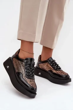 Outlet Skórzane Sznurowane Półbuty Damskie Na Platformie 57C2044 Czarne Damskie Buty Sportowe Na Platformie|Półbuty Skórzane