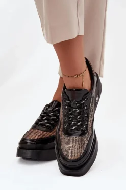 Outlet Skórzane Sznurowane Półbuty Damskie Na Platformie 57C2044 Czarne Damskie Buty Sportowe Na Platformie|Półbuty Skórzane