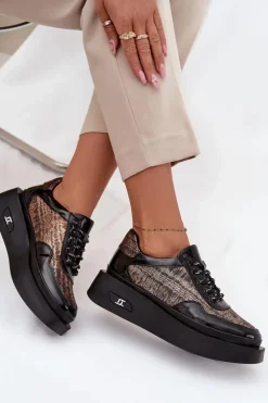 Outlet Skórzane Sznurowane Półbuty Damskie Na Platformie 57C2044 Czarne Damskie Buty Sportowe Na Platformie|Półbuty Skórzane