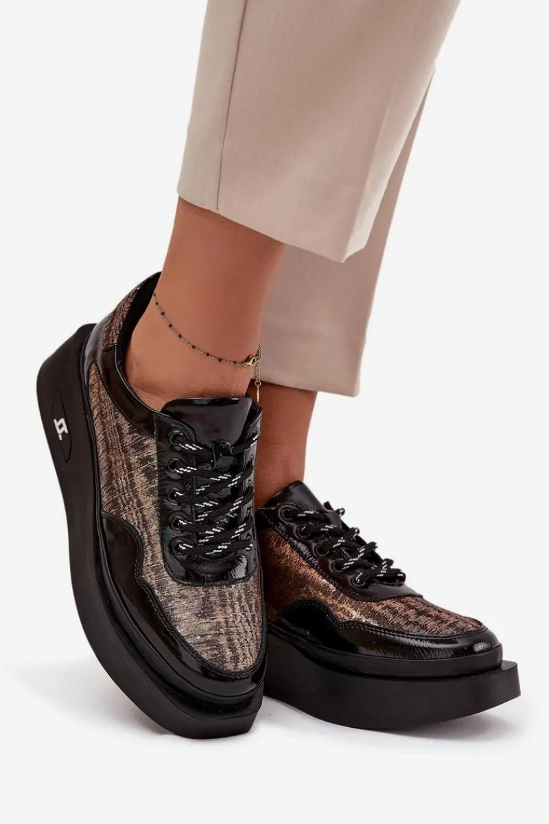 Outlet Skórzane Sznurowane Półbuty Damskie Na Platformie 57C2044 Czarne Damskie Buty Sportowe Na Platformie|Półbuty Skórzane