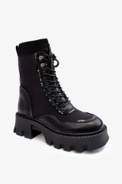 Damskie Trapery|Botki Sznurowane>Boto Skórzane Szurowane Masywne Workery Botki Damskie Czarne Seloma