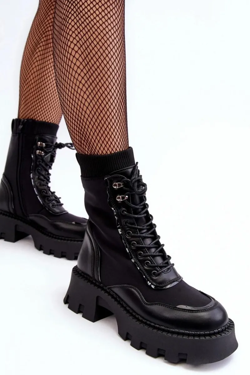 Damskie Trapery|Botki Sznurowane>Boto Skórzane Szurowane Masywne Workery Botki Damskie Czarne Seloma