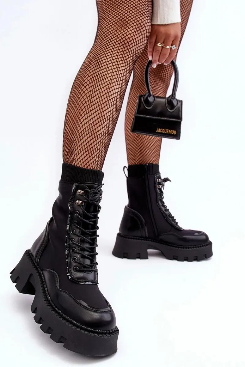 Damskie Trapery|Botki Sznurowane>Boto Skórzane Szurowane Masywne Workery Botki Damskie Czarne Seloma