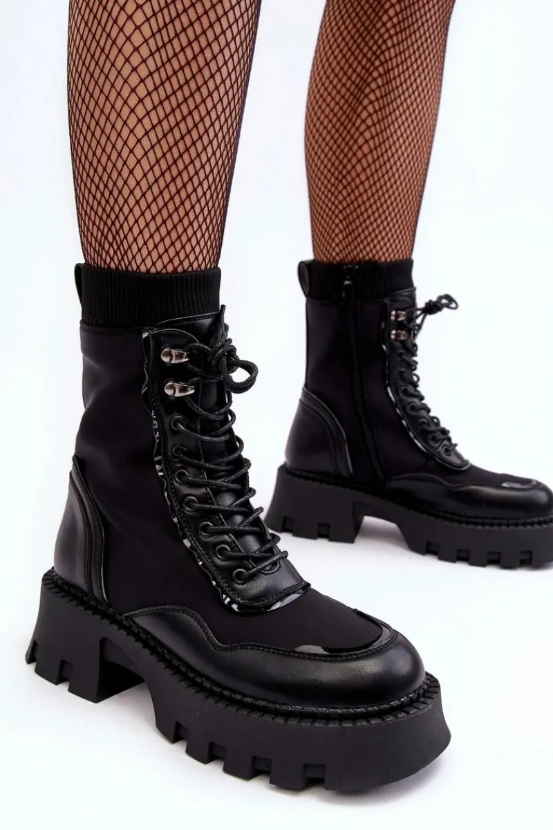 Damskie Trapery|Botki Sznurowane>Boto Skórzane Szurowane Masywne Workery Botki Damskie Czarne Seloma