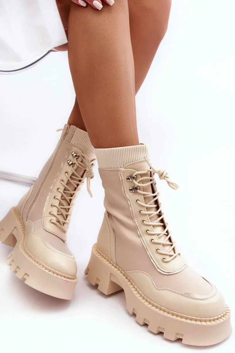 Hot Boto Skórzane Szurowane Masywne Workery Botki Damskie Beżowe Seloma