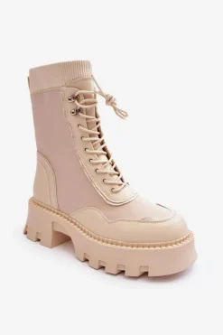 Hot Boto Skórzane Szurowane Masywne Workery Botki Damskie Beżowe Seloma