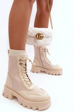 Hot Boto Skórzane Szurowane Masywne Workery Botki Damskie Beżowe Seloma