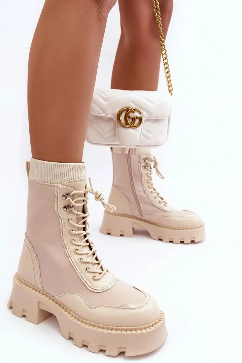 Hot Boto Skórzane Szurowane Masywne Workery Botki Damskie Beżowe Seloma