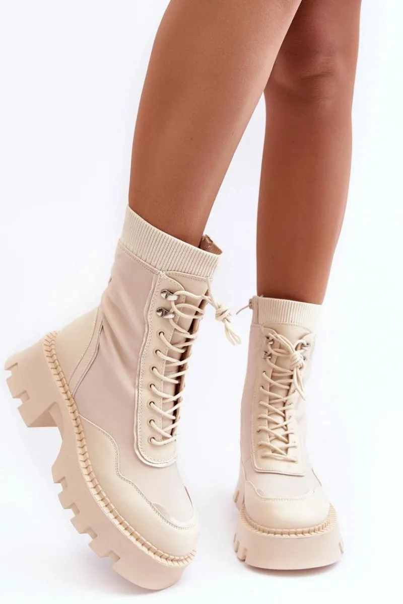 Hot Boto Skórzane Szurowane Masywne Workery Botki Damskie Beżowe Seloma