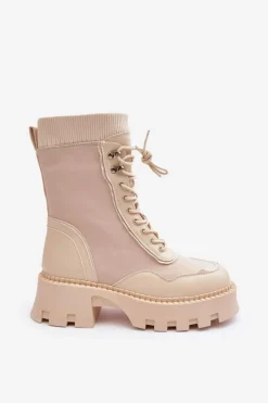 Hot Boto Skórzane Szurowane Masywne Workery Botki Damskie Beżowe Seloma