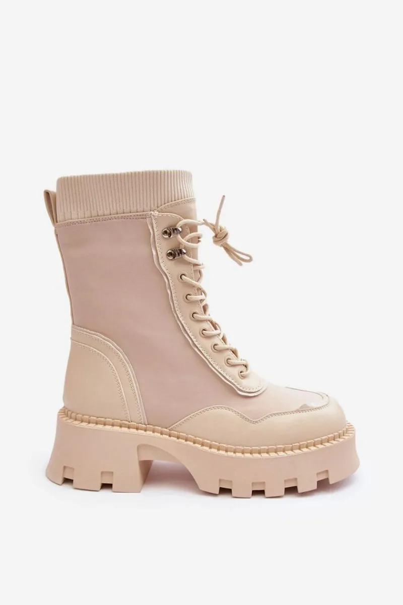 Hot Boto Skórzane Szurowane Masywne Workery Botki Damskie Beżowe Seloma