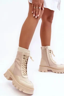 Hot Boto Skórzane Szurowane Masywne Workery Botki Damskie Beżowe Seloma