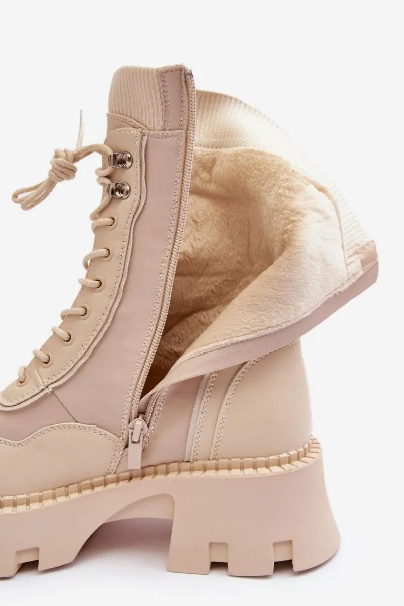 Hot Boto Skórzane Szurowane Masywne Workery Botki Damskie Beżowe Seloma