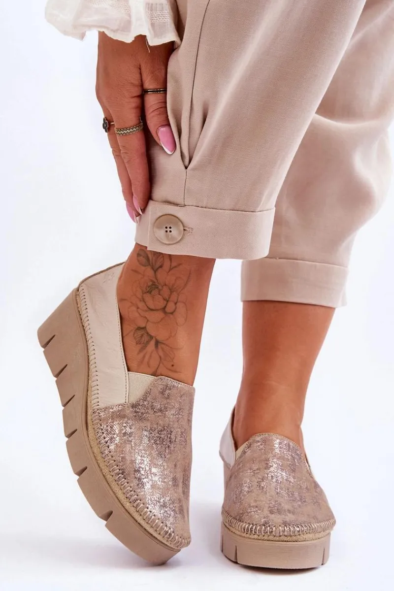 Trampki Damskie Slip-On|Trampki Damskie Niskie>Maciejka Skórzane Tenisówki Na Koturnie 5814A-10 Beżowe Beżowy