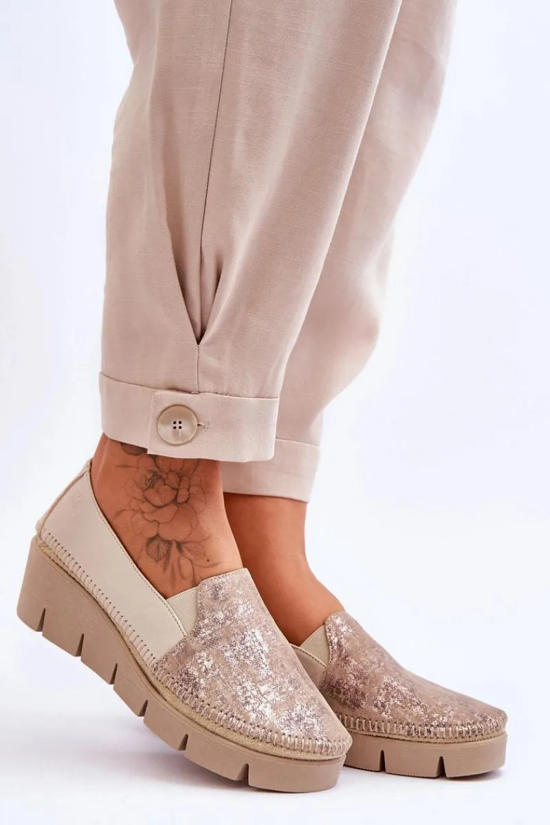 Trampki Damskie Slip-On|Trampki Damskie Niskie>Maciejka Skórzane Tenisówki Na Koturnie 5814A-10 Beżowe Beżowy