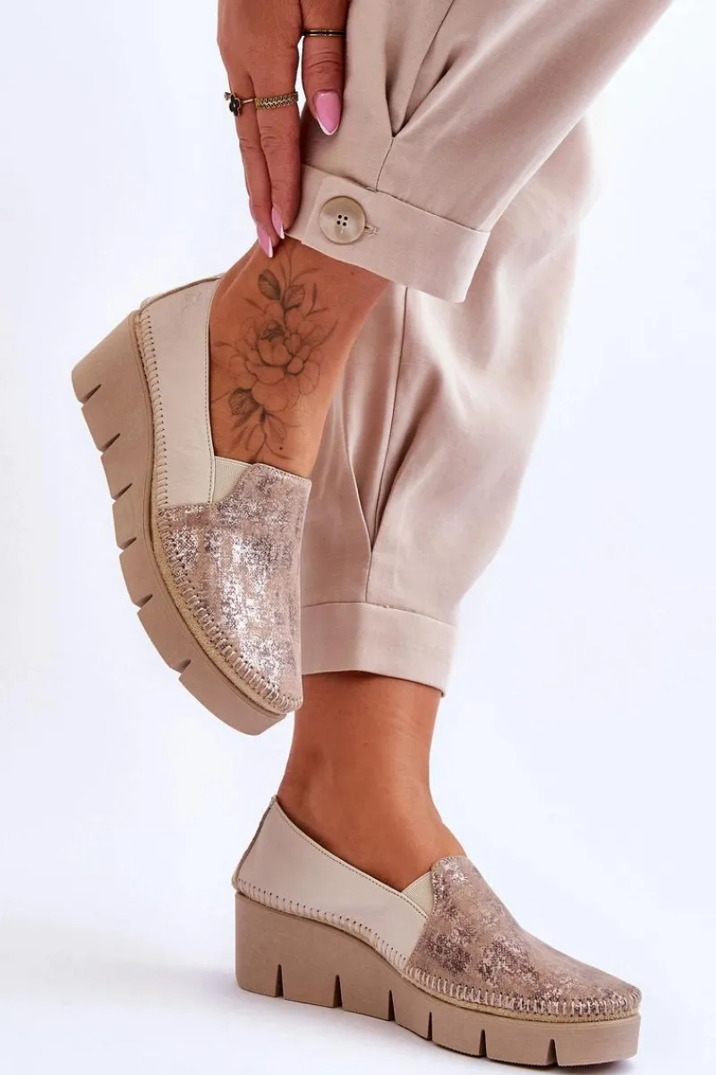 Trampki Damskie Slip-On|Trampki Damskie Niskie>Maciejka Skórzane Tenisówki Na Koturnie 5814A-10 Beżowe Beżowy