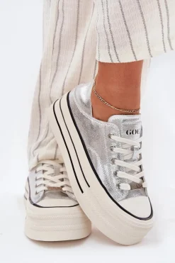 Online GOE Skórzane Trampki Damskie Na Platformie RR2N4108 Srebrne Srebrny