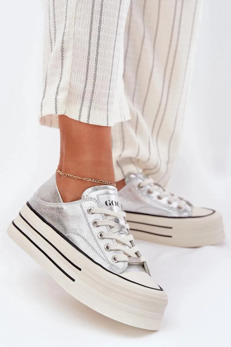 Online GOE Skórzane Trampki Damskie Na Platformie RR2N4108 Srebrne Srebrny