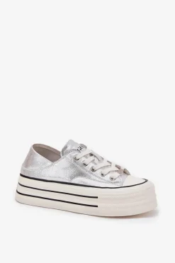 Online GOE Skórzane Trampki Damskie Na Platformie RR2N4108 Srebrne Srebrny