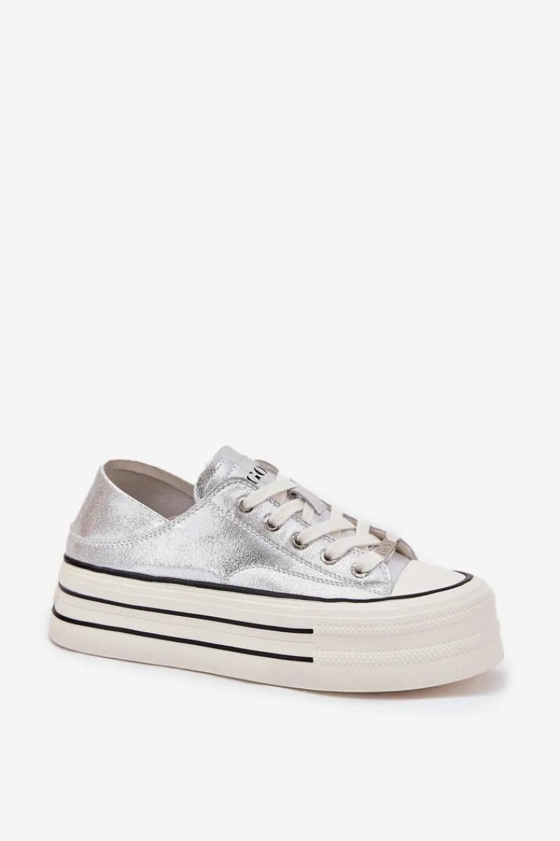 Online GOE Skórzane Trampki Damskie Na Platformie RR2N4108 Srebrne Srebrny