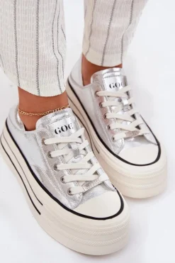 Online GOE Skórzane Trampki Damskie Na Platformie RR2N4108 Srebrne Srebrny