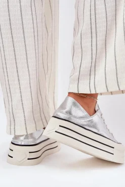 Online GOE Skórzane Trampki Damskie Na Platformie RR2N4108 Srebrne Srebrny