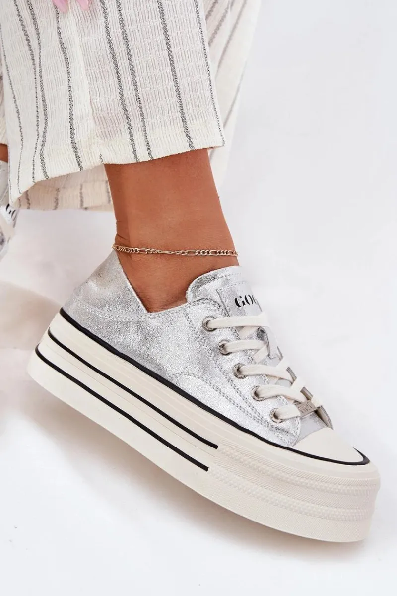 Online GOE Skórzane Trampki Damskie Na Platformie RR2N4108 Srebrne Srebrny