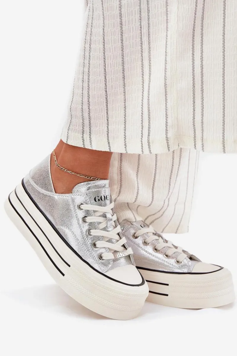 Online GOE Skórzane Trampki Damskie Na Platformie RR2N4108 Srebrne Srebrny