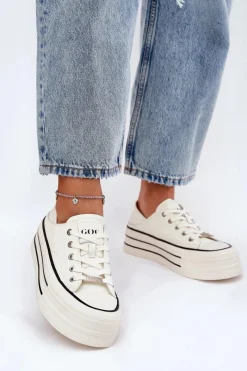 Trampki Damskie Niskie>GOE Skórzane Trampki Damskie Na Platformie RR2N4106 Białe Biały