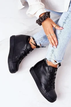 Sale Skórzane Trampki Na Koturnie Big Star EE274127 Czarne Damskie Trampki Damskie Big Star|Big Star