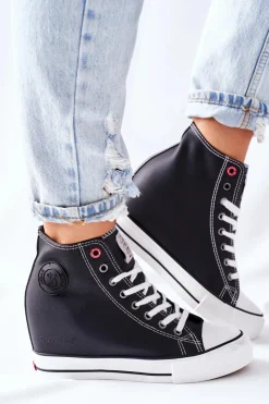 Outlet Skórzane Trampki Na Koturnie II2R4025 Czarne Damskie Trampki Damskie Cross Jeans|Sneakersy Damskie